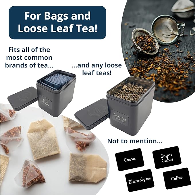 AllSpice Tea Organizer Rack with 9 Tins & 160 Magnetic Labels – Perfect for Bagged & Loose Leaf Tea Organization - Walnut