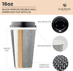 [85 SET]Harvest Pack 16 oz Coffee Cups, Disposable Insulated Coffee Cups, Ripple Double-Walled Paper Cups with Lids, Black and White Geometric, Drinking Cups for Tea Hot Chocolate Drinks To go