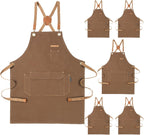 Genixart 6 Bulk Pack Chef Apron for Men Women with Pockets, Cross Back Apron for Kitchen Cooking Baking Artist Painting, Cotton Canvas Work Aprons for Restaurant, Cafe Shop, Garden (Brown, M to XXL)