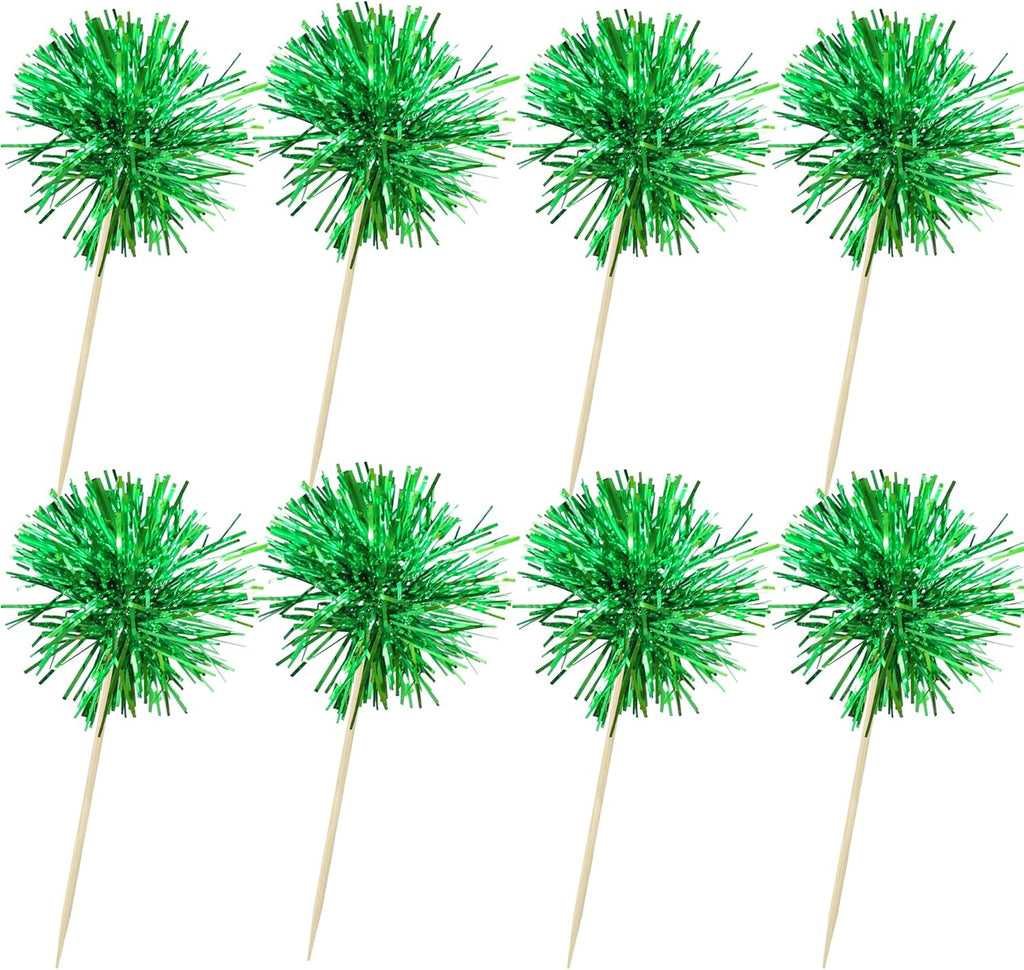 Ephlyn 30Pcs Foil Firework Cupcake Toppers Party Birthday Cake Toppers Supplies Sparkle Tinsel Cocktail Fruit Toothpick for Birthday Wedding Graduation Party Supplies Green