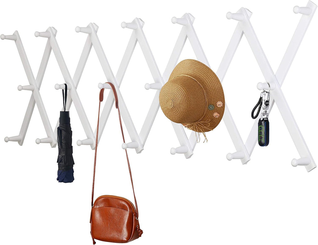 Dseap Accordian Wall Hanger: Wooden Coat Rack Wall Mounted, Hat Racks for Baseball Caps, Mug Rack, 20 Peg Hooks, White