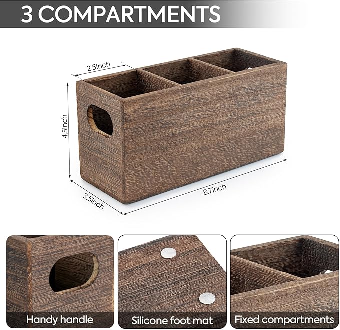 Wooden Silverware Holder,Kitchen Utensil Caddy with 3 Compartments,Cutlery Storage Organizer Countertop,Flatware Organizer for Party,Spoon, Fork Holder