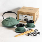 Cast Iron Teapot Set with 2 Tea Cups, 7Pcs Japanese Tea Kettle with Stainless Steel Infuser, Tea Pot Coated with Enameled Interior, Line Pattern, 27oz 780ml Green