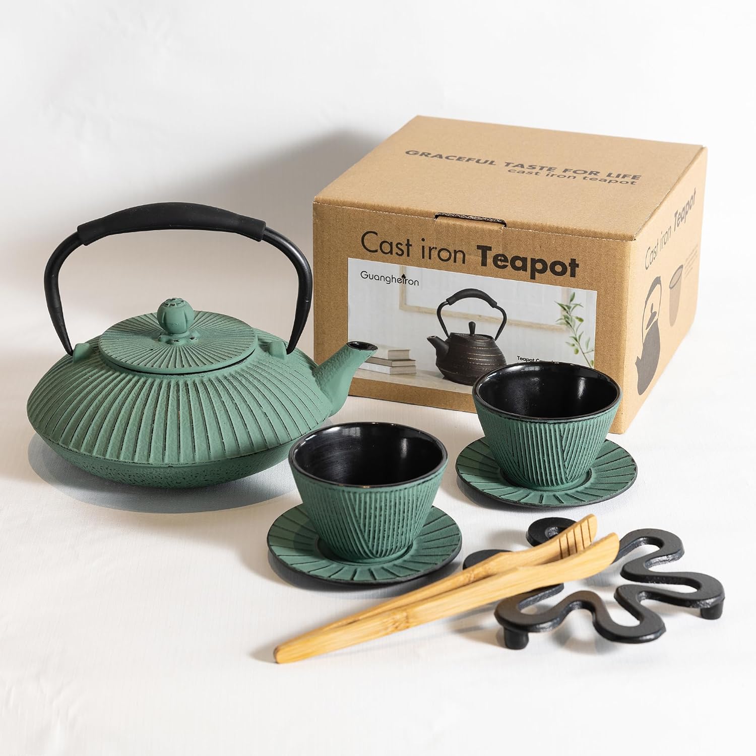 Cast Iron Teapot Set with 2 Tea Cups, 7Pcs Japanese Tea Kettle with Stainless Steel Infuser, Tea Pot Coated with Enameled Interior, Line Pattern, 27oz 780ml Green