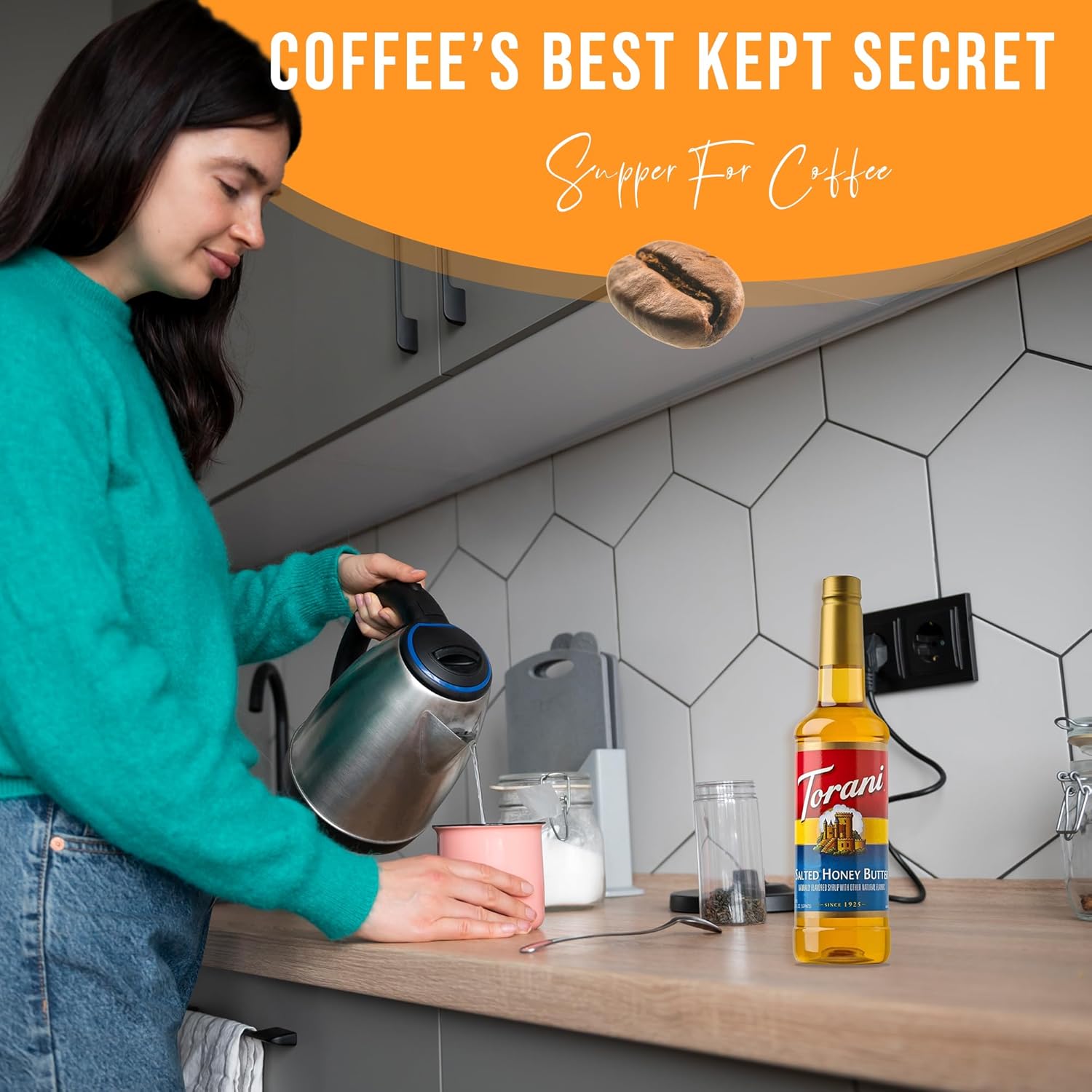 Jimoco® Syrup Pump Dispenser + Torani® Salted Honey Butter Syrup, 25.4 oz - Coffee Syrup Pump & Flavoring Bundle