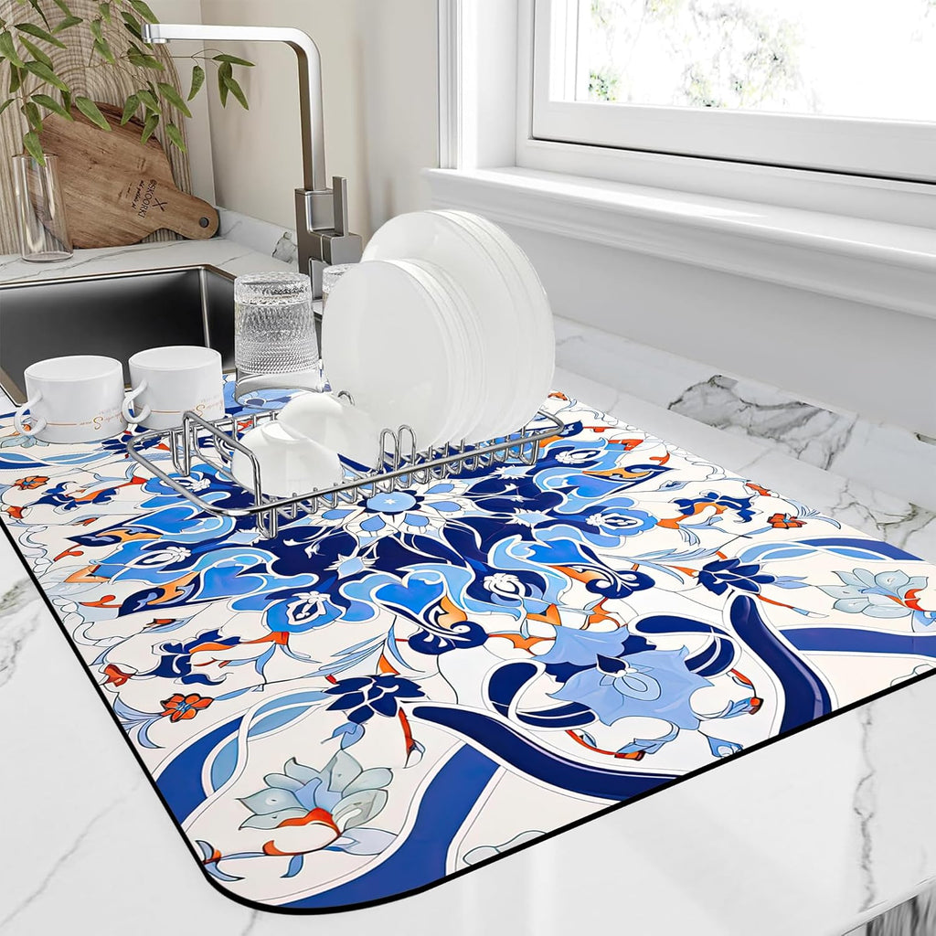 Dish Drying Mat Mandala Blue Floral Kitchen Mat 16"x24" Bsorbent Coffee Maker Mat for Dishes,Utensils Coffee Maker Pots and Pans Easy Clean Dish Slip Resistant Pad