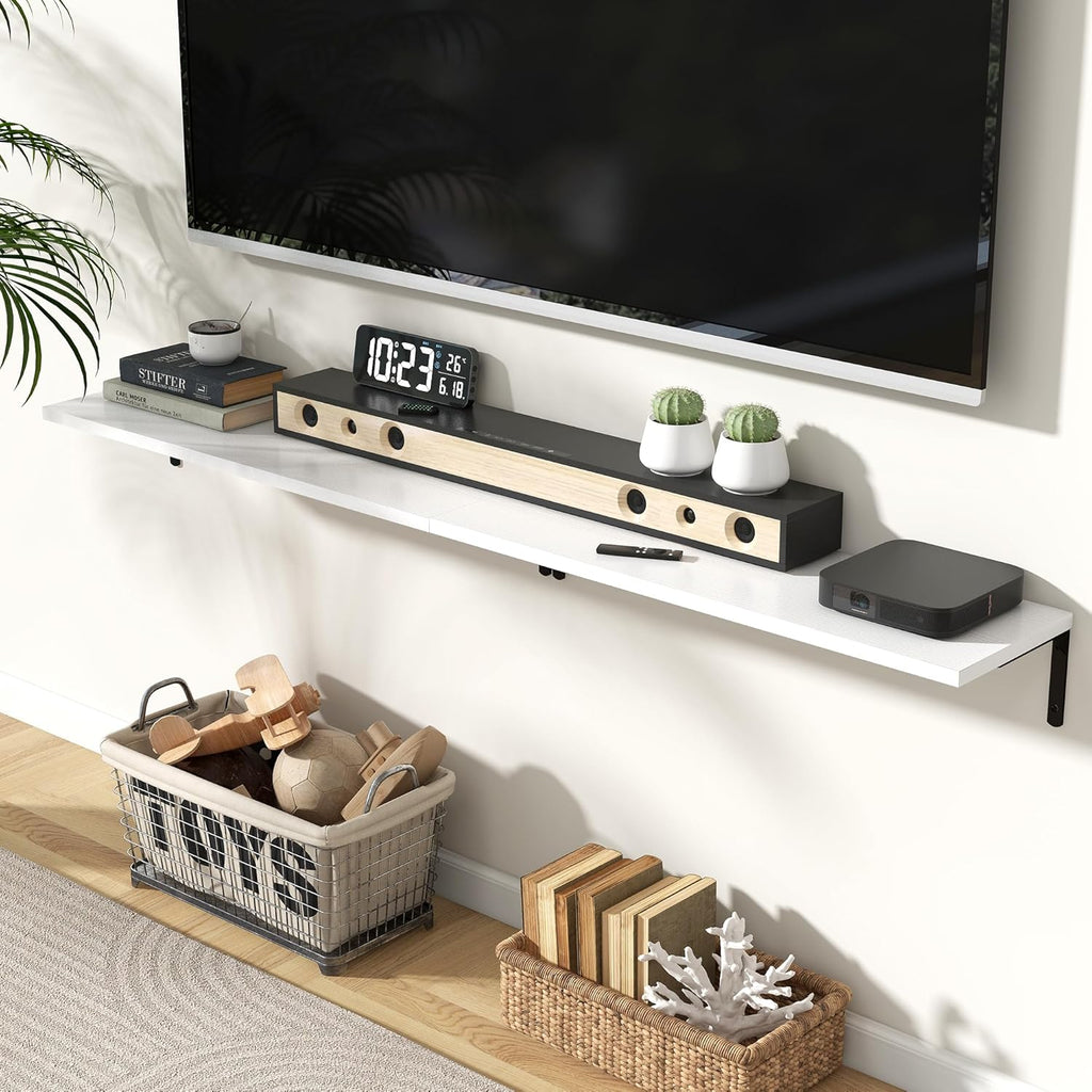 Fun Memories Deep Floating Shelves, 32W x 8D Floating Shelves Set of 2, Wall Mounted Shelf with Metal Brackets, Rustic Wood Wall Shelf for Bathroom, Kitchen and Living Room, White