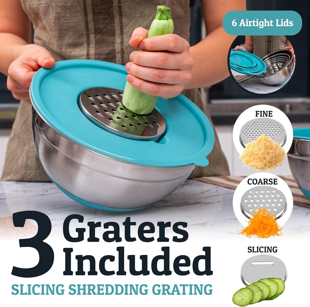 Priority Chef 6Pc Large Mixing Bowls With Lids Set with Non-Slip Bases, Stainless Steel Mixing Bowl Set, 6 Airtight Lids and 3 Graters, Turquoise