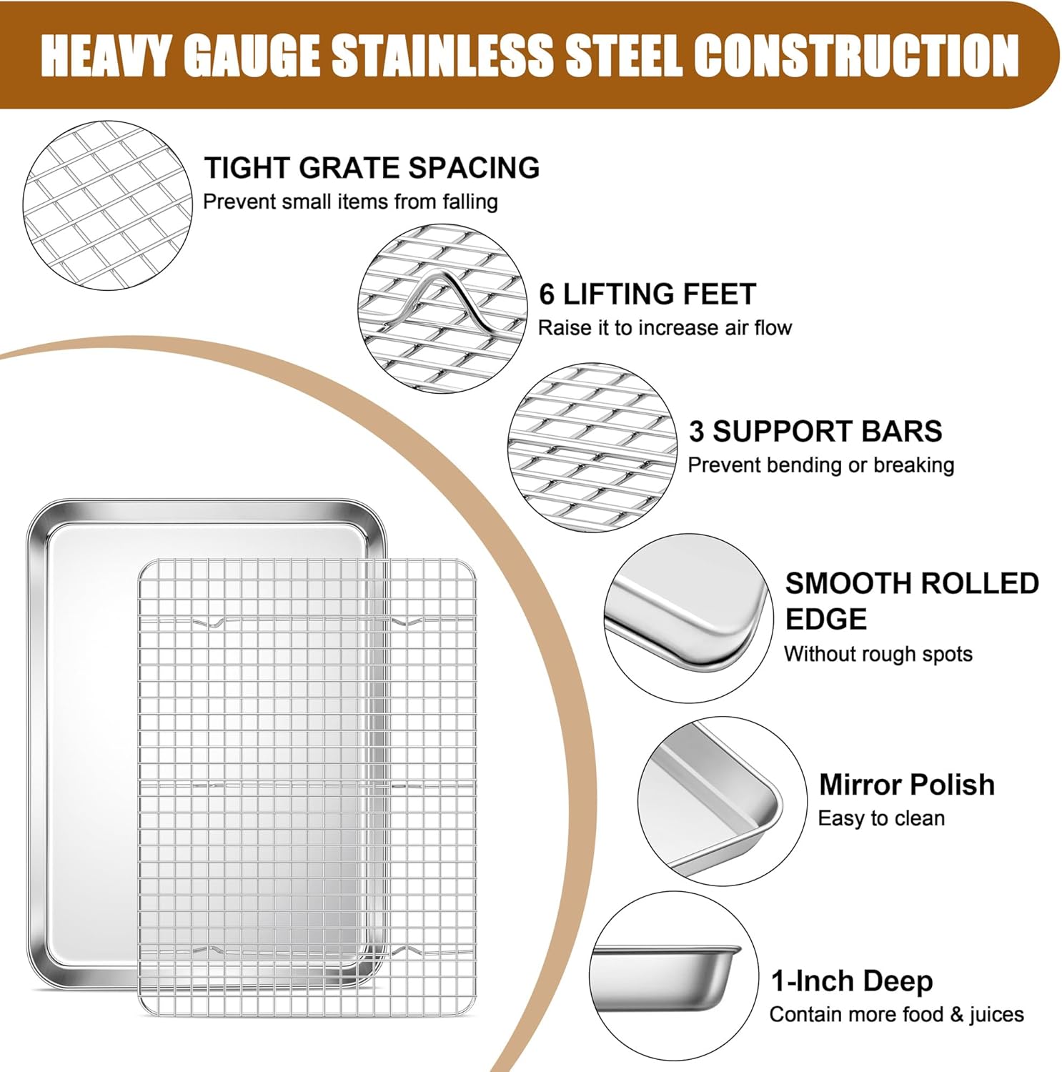 E-far Stainless Steel Baking Sheet with Wire Rack Set, 16” x 12” Cookie Sheet Baking Pan for Oven, Rimmed Large Metal Tray with Cooling Rack for Cooking Roasting, Non-Toxic & Dishwasher Safe