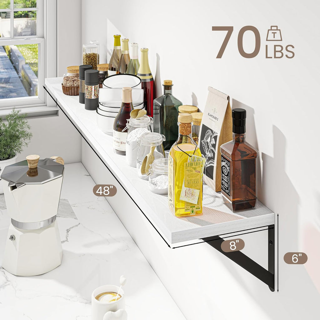 Dreamland Deep Floating Shelves for Wall, 48W x 8D Wall Mounted Shelves Set of 2, Wide Display Ledge Shelf with Sturdy Metal Brackets for Living Room, Bathroom, Bedroom and Kitchen, White