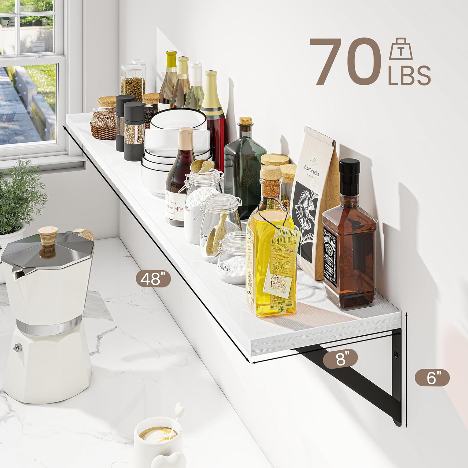 Dreamland Deep Floating Shelves for Wall, 48W x 8D Wall Mounted Shelves Set of 2, Wide Display Ledge Shelf with Sturdy Metal Brackets for Living Room, Bathroom, Bedroom and Kitchen, White