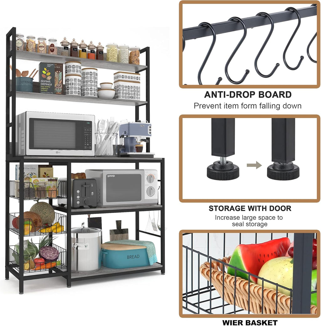 Kitchen Bakers Rack with Baskets,Free Standing Shelf,5-Tier Kitchen Utility Storage Shelf with Hooks, Microwave Oven Stand Rack Grey