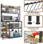 Kitchen Bakers Rack with Baskets,Free Standing Shelf,5-Tier Kitchen Utility Storage Shelf with Hooks, Microwave Oven Stand Rack Grey