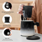 suyika Ceramic Tea Cup with Infuser and Lid, Gradient Embossed Large Tea Mug Wooden Handle for Steeping Loose Leaf, Tea Lover Gifts 15.2 oz / 450 ml,Matte Black