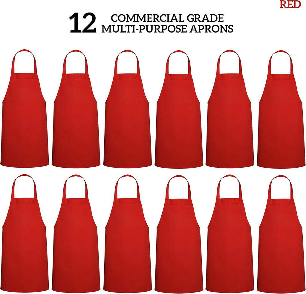 GREEN LIFESTYLE 12 Pack Bib Apron - Unisex Red Aprons, Machine Washable Aprons for Men and Women, Kitchen Cooking BBQ Aprons Bulk (Pack of 12, No Pockets, Red)