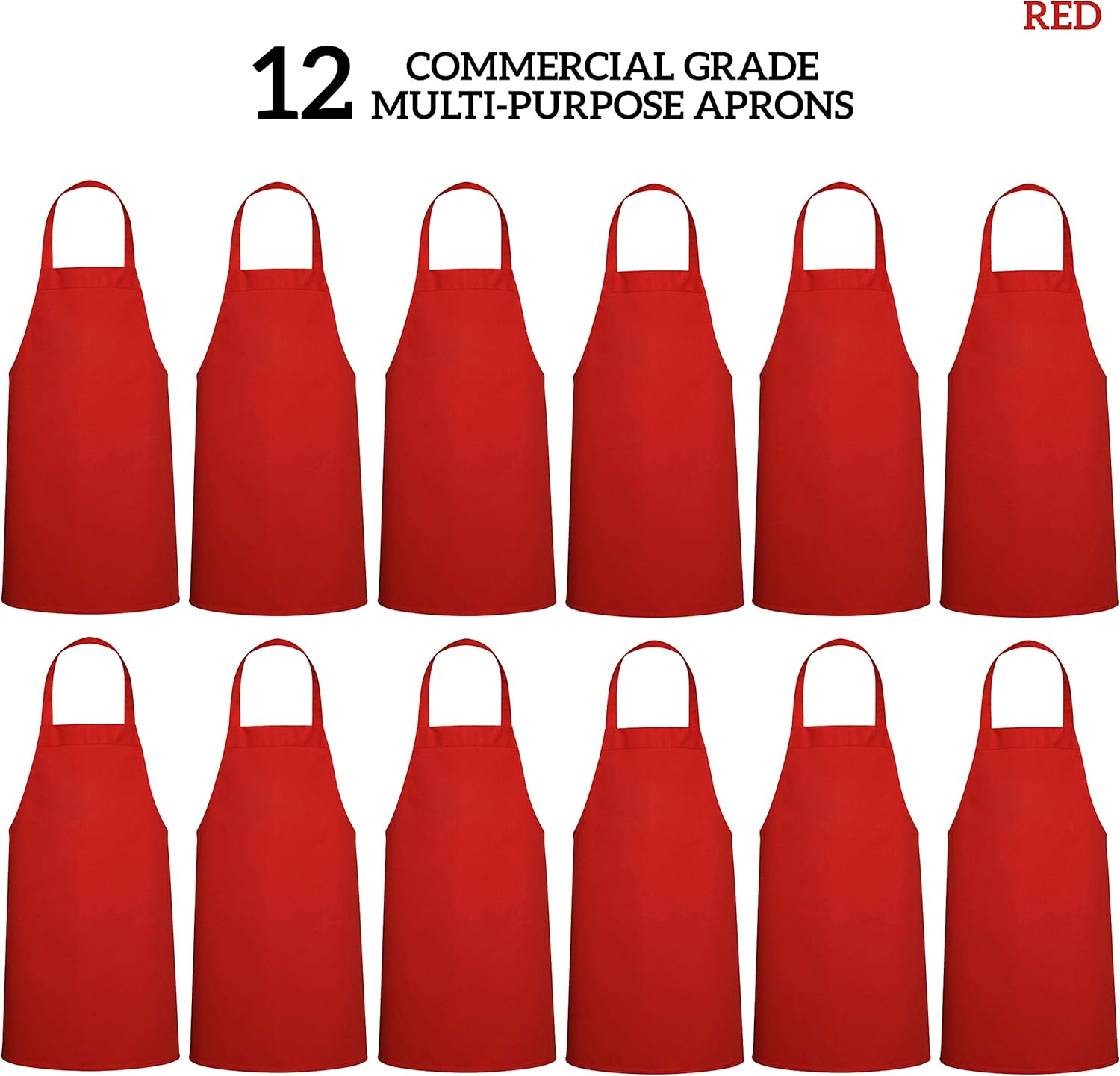 GREEN LIFESTYLE 12 Pack Bib Apron - Unisex Red Aprons, Machine Washable Aprons for Men and Women, Kitchen Cooking BBQ Aprons Bulk (Pack of 12, No Pockets, Red)