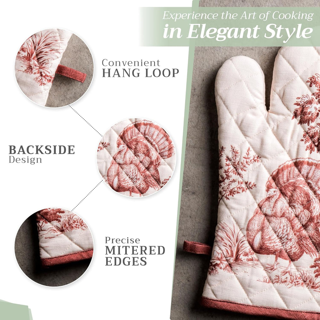 Maison d' Hermine 100% Cotton Oven Mitt & Pot Holder Set (7.5"x13" & 8"x8") Heat Resistant BBQ Cooking Gloves with Loop, Baking, Grilling, Kitchen, Handling Hot Pans (Holy Jouy - Brown)