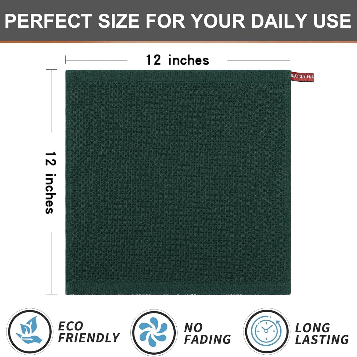 Kitinjoy 100% Cotton Kitchen Dish Cloths, 6 Pack Waffle Weave Ultra Soft Absorbent Dish Towels for Drying Dishes Quick Drying Kitchen Towels Dish Rags, 12 X 12 Inches, Blackish Green