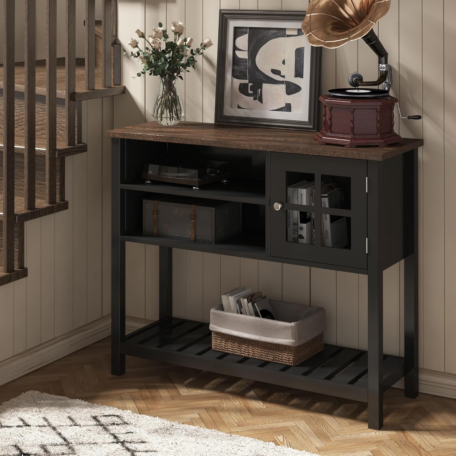 ChooChoo Farmhouse Coffee Bar Cabinet, Buffet Cabinet with Storage, Sideboard Buffet with Glass Door, Console Table for Kitchen, Hallway, Entrance, Black