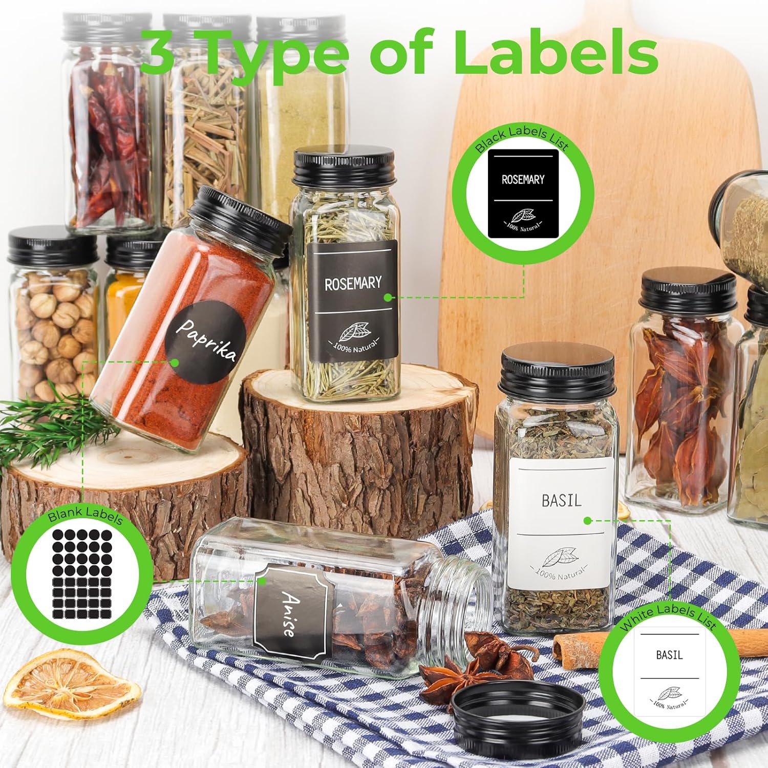 CycleMore 36 Pack 4oz Glass Spice Jars, Square Spice Containers with Black Metal Caps and Pour/Sift Shaker Lid-280pcs Labels,1pcs Silicone Collapsible Funnel and Brush Included