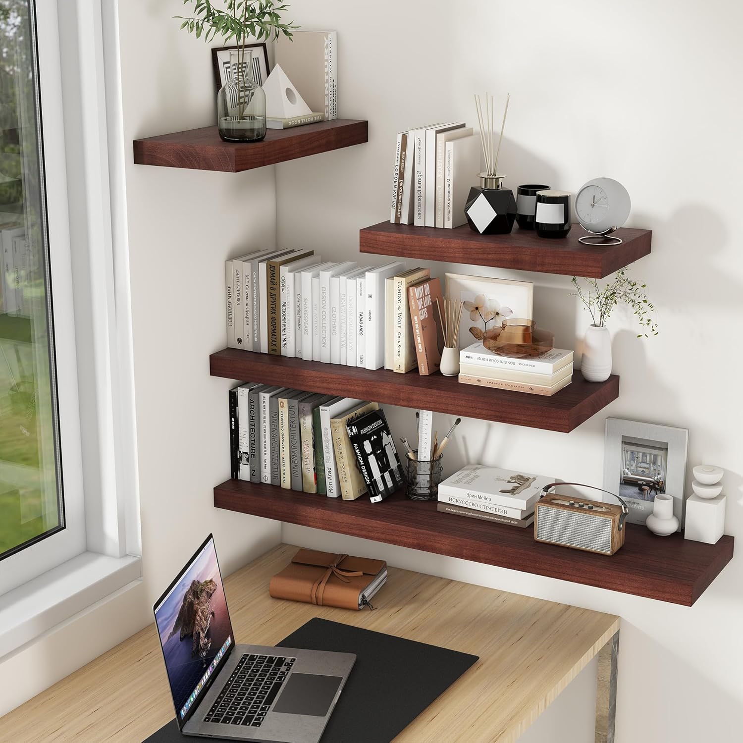 Fun Memories Deep Floating Shelves, Solid Wood Floating Shelves Wall Mounted, 9.3" Deep Floating Shelf for Living Room, Bedroom, 36 x 9 Large Wall Shelves for Books, Red Brown, Set of 2
