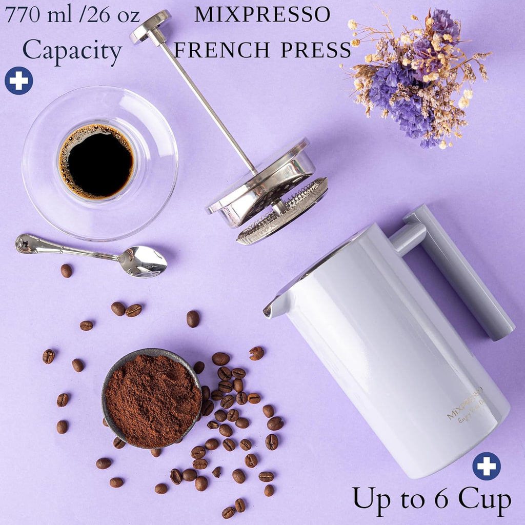 Mixpresso Light Blue Stainless Steel French Press Coffee Maker 26 Oz 770 ml, Double Wall Insulated French Press Stainless Steel, Easy Clean Tea Brewer, Easy Press Durable Metal Coffee Press