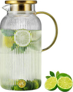 Glass Pitcher with Lid, 68 oz/2 Liter Classic Vertical Stripes Water Pitcher,Glass Water Carafe for Cold Brew, Coffee, Lemonade, Iced Sun Tea,Beverage,Milk, Heat Resistant