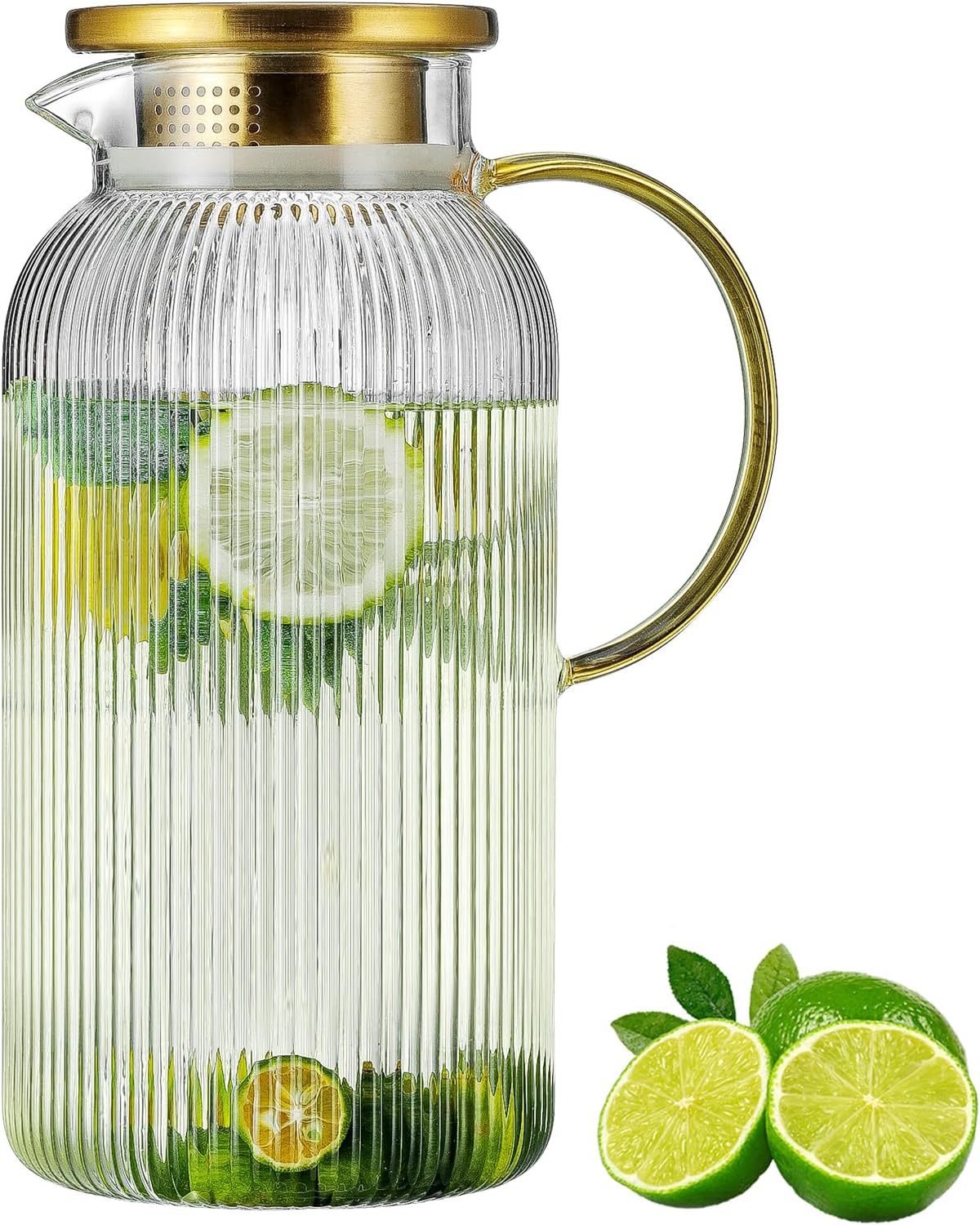 Glass Pitcher with Lid, 68 oz/2 Liter Classic Vertical Stripes Water Pitcher,Glass Water Carafe for Cold Brew, Coffee, Lemonade, Iced Sun Tea,Beverage,Milk, Heat Resistant