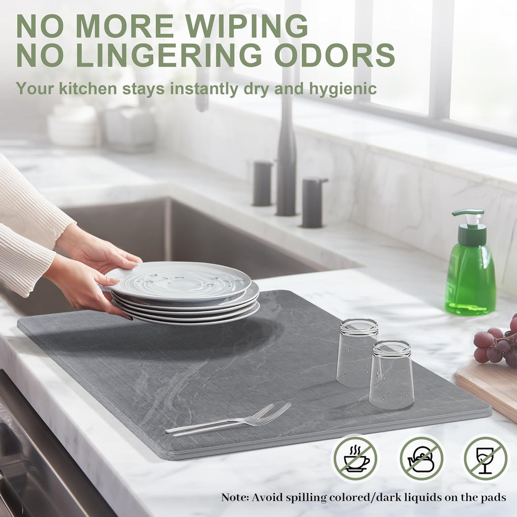 Large Stone Drying Mat for Kitchen Counter, 24" × 16" Diatomite Dish Drying Mat, Quick Dry Stone Mats, Ultra Absorbent Natural Diatomaceous Earth Mats for Dished, Bottles, Black Marble