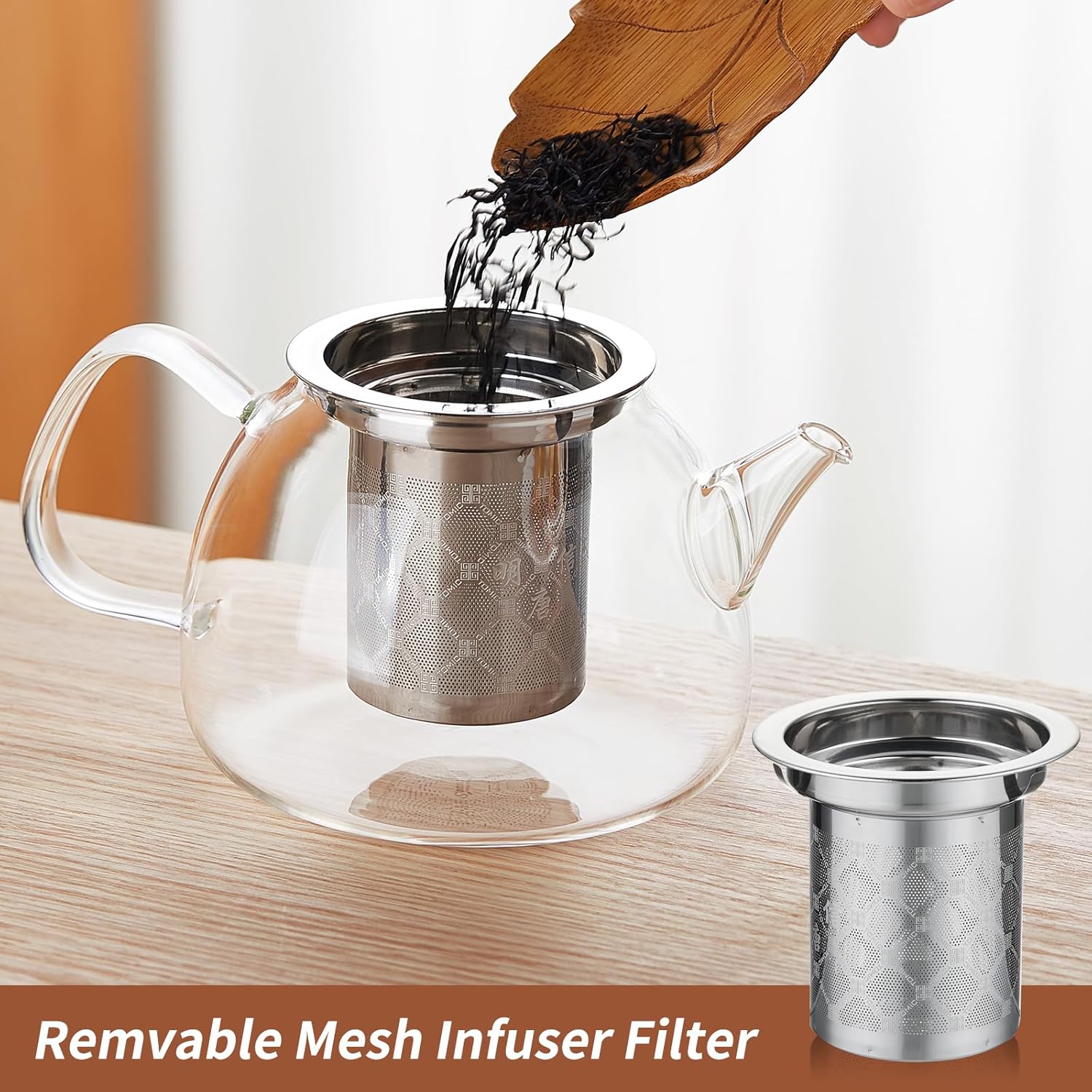 34OZ/1000ml Glass Teapot with Stainless Steel Infuser, Drip-Free Spout, and Wooden Knob Lid – Stovetop Safe Borosilicate Tea Kettle for Loose Leaf and Herbal Tea Brewing