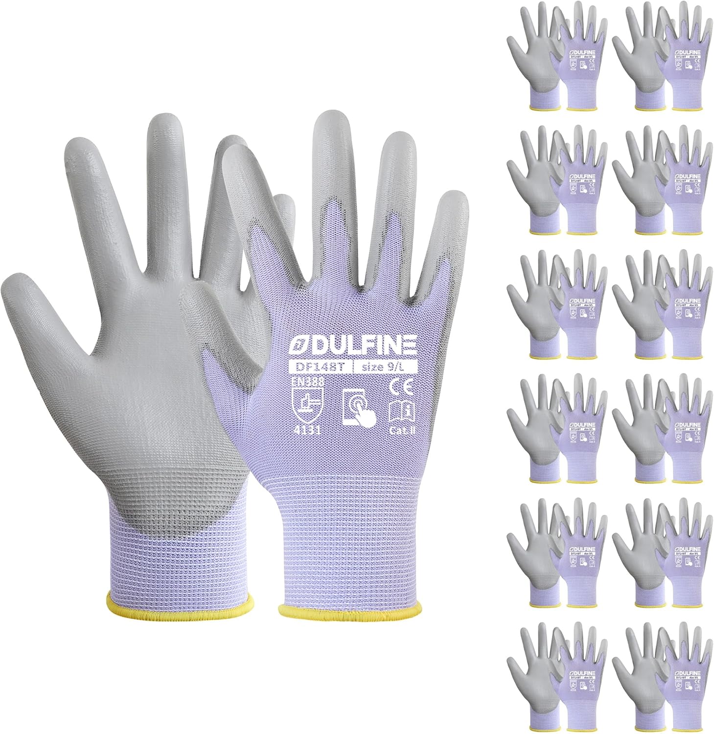 DULFINE Work Gloves for Men PU Coated 12 Pairs Bulk Pack,Purple Seamless Knit Glove with thin Polyurethane,Two Finger Touchscreen, for Men and Women, Ideal for Light Duty Work. (Small)