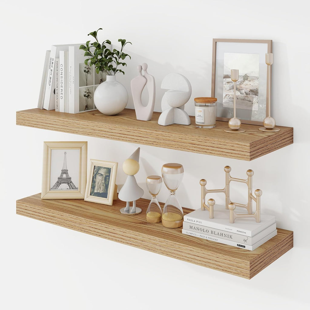 30 Inch Floating Shelves, 9.3" Deep Floating Shelf Wall Mounted, 30" Wall Shelves, Rustic Deep Bookshelf, Large Display Shelves & Storage Shelves for Bedroom, Living Room, Light Brown, Set of 2