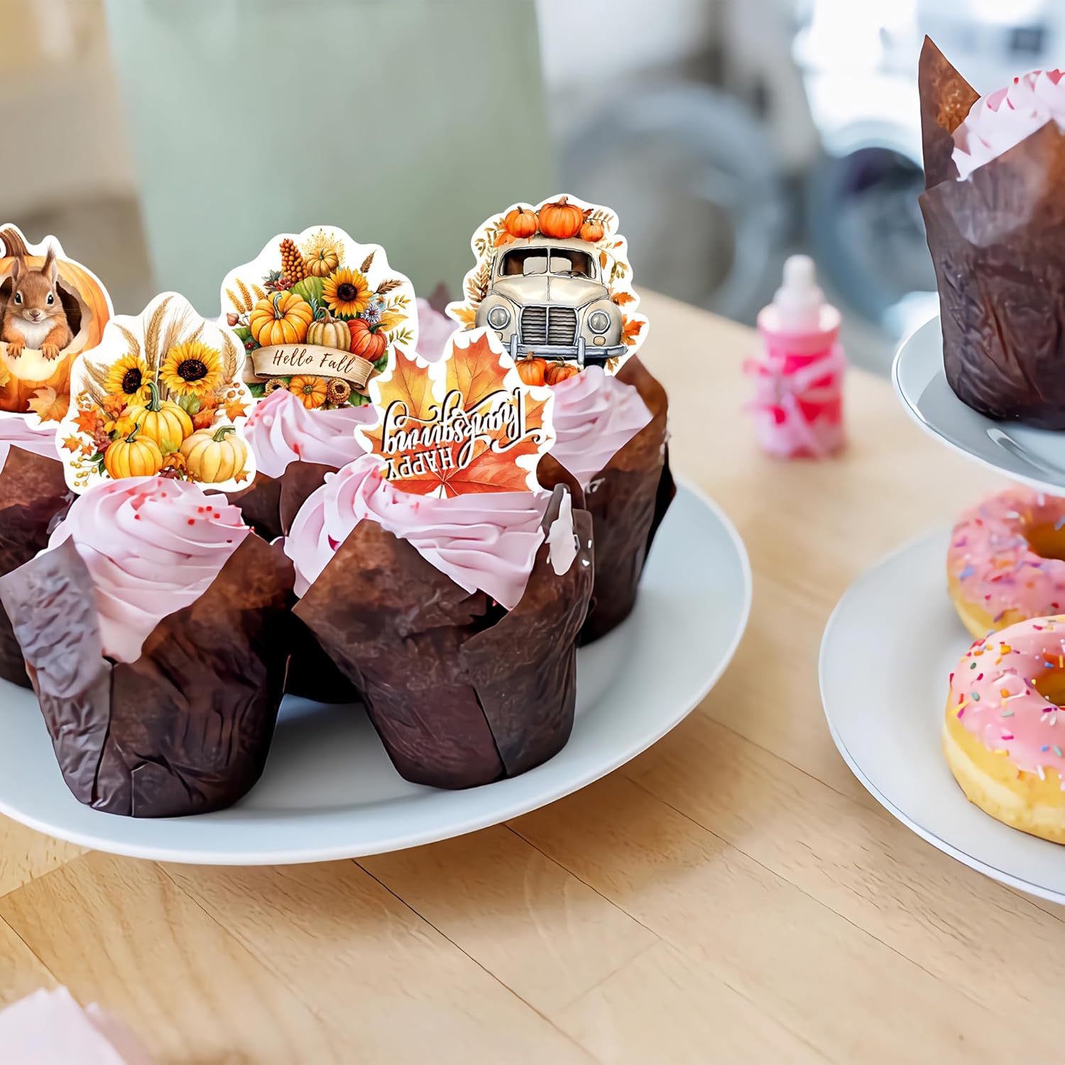 40 PCS Edible Wafer Paper Turkey Pumpkin Fall Theme Cake Picks Autumn Decorations for Thanksgiving Party