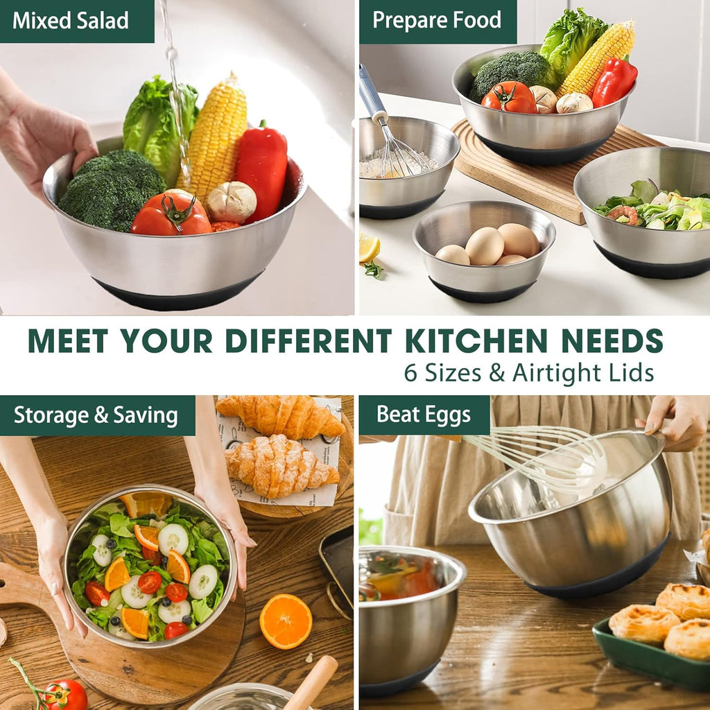 Umite Chef Mixing Bowls with Airtight Lids，6 piece Stainless Steel Metal Nesting Storage Bowls, Non-Slip Bottoms Size 7, 3.5, 2.5, 2.0,1.5, 1QT, Great for Mixing & Serving(Black)