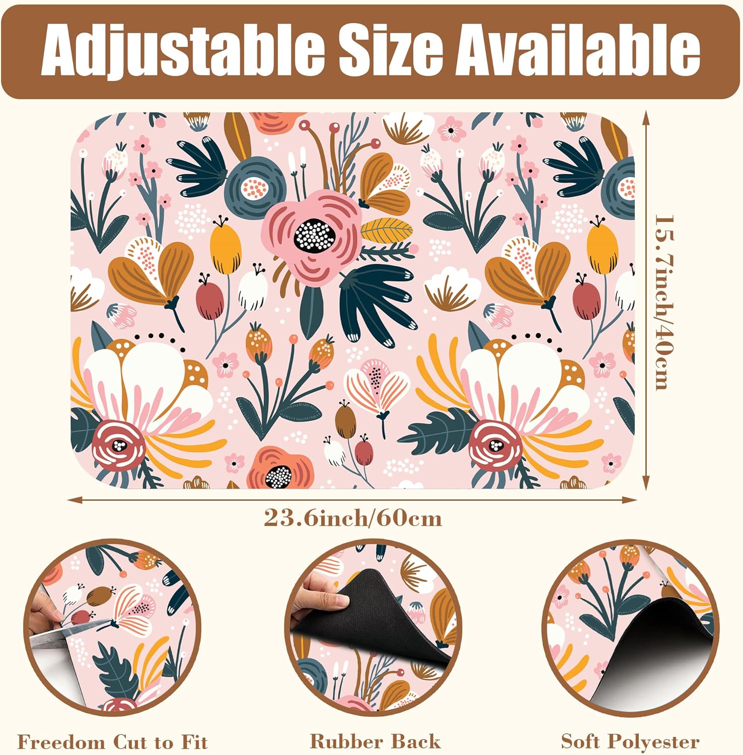 Dish Drying Mat Pink Flowers Berries Leaves Coffee Bar Mat for Countertop Absorbent Hide Stain Rubber Backed Dish Drainer Rack Pad Espresso Machine Dining Room Decor 15.7 x 23.6 Inch