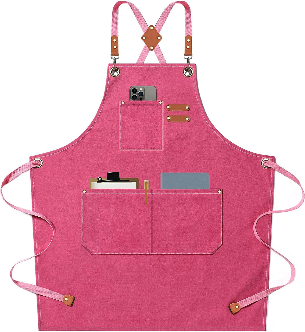 AFUN Chef Aprons for Men Women with Large Pockets, Cotton Canvas Cross Back Heavy Duty Adjustable Work Apron, Size M to XXL (Pink)