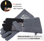 RAPICCA Fireplace Gloves Fire Heat Resistant: Grey 16IN 662℉- Fireproof Leather for Fireplace Fire pit Wood stove Campfire Furnace BBQ Grill Oven Stick Mig Welding Welder Gear - Birthday Gift for men