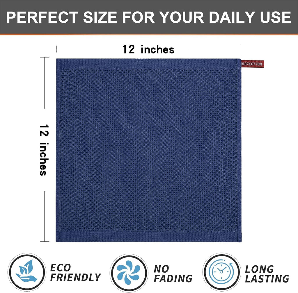 Kitinjoy 100% Cotton Kitchen Dish Cloths, 8 Pack Waffle Weave Ultra Soft Absorbent Dish Towels for Drying Dishes Quick Drying Kitchen Towels Dish Rags, 12 X 12Inch, Navy Blue