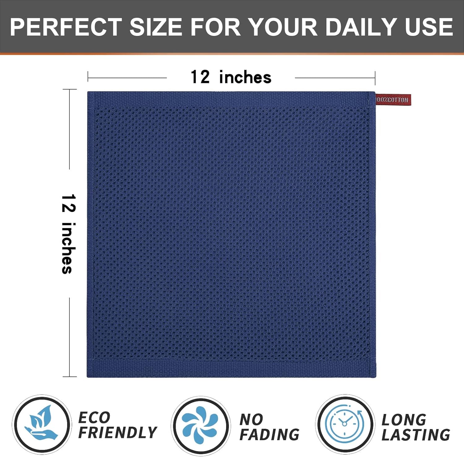 Kitinjoy 100% Cotton Kitchen Dish Cloths, 8 Pack Waffle Weave Ultra Soft Absorbent Dish Towels for Drying Dishes Quick Drying Kitchen Towels Dish Rags, 12 X 12Inch, Navy Blue