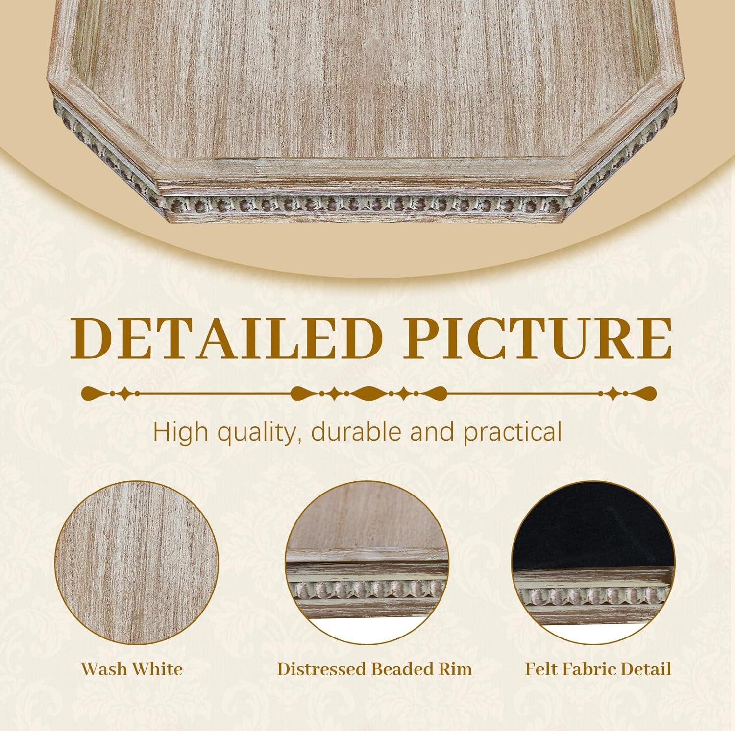 MAONAME Wood Serving Tray, Farmhouse Wooden Tray for Coffee Table, Octagonal Beaded Trays, Washed White Decorative Trays for Living Room, Kitchen, 15.7" X 10.2" X 1.6"
