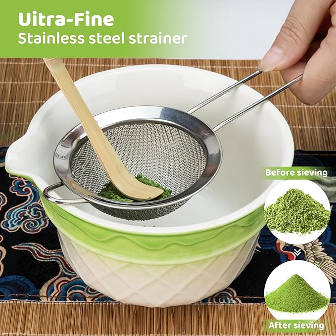 8PCS Matcha Whisk Set, Ceramic Matcha Kit Set, Japanese Tea Ceremony Tools with Matcha Bowl, Bamboo Whisk, Holder, Sifter, Spoon, Tea Cloth, Scoop and Scoop Rest (Relief Green and White)