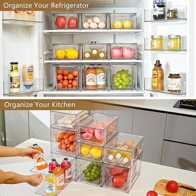 6Pack Pantry Organizers and Storage,Clear Stackable Kitchen Storage Organizer,Foods Organizer Bins with Handles, Easily Assemble for Bathroom, Kitchen, Refrigerator, Pantry, Cabinet, Closet