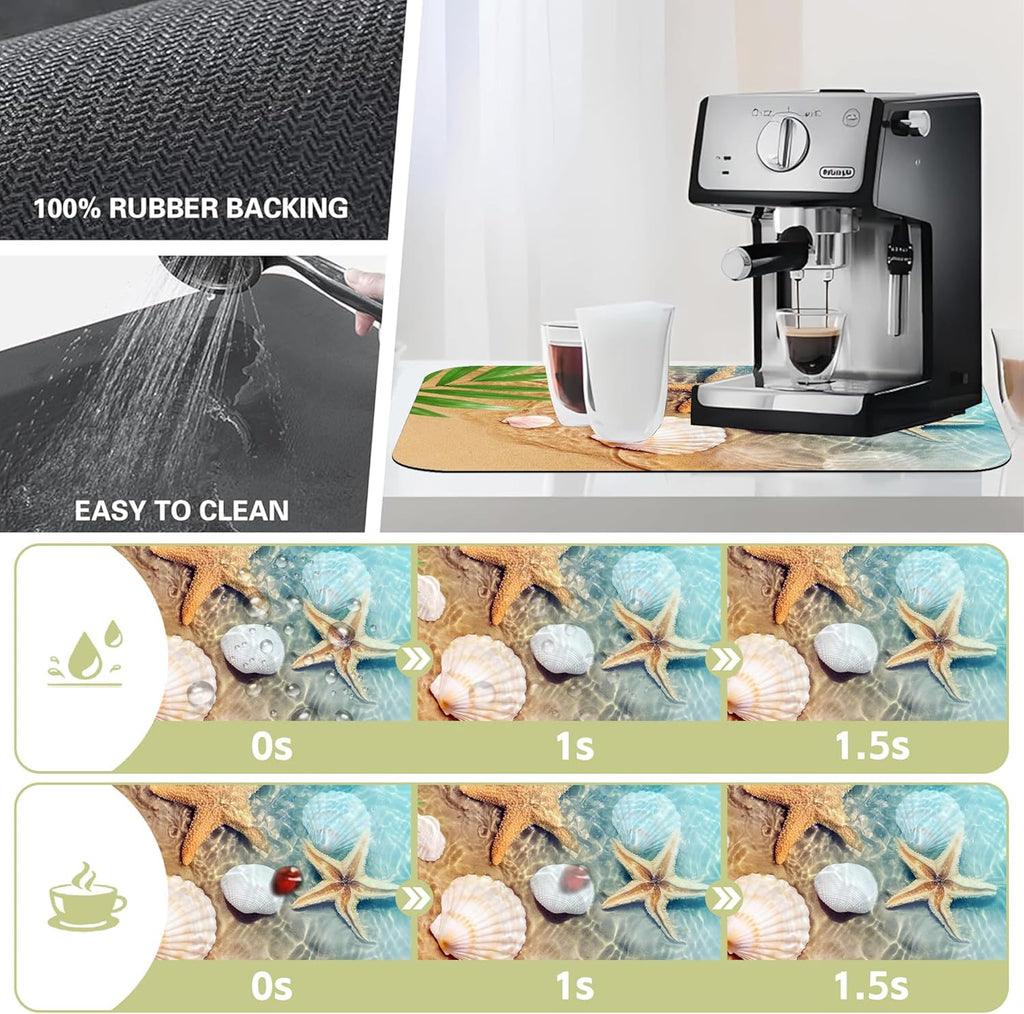 Dish Drying Mat Summer Beach Starfish Seashell Kitchen Mat 16"x24" Bsorbent Coffee Maker Mat for Dishes,Utensils Coffee Maker Pots and Pans Easy Clean Dish Slip Resistant Pad