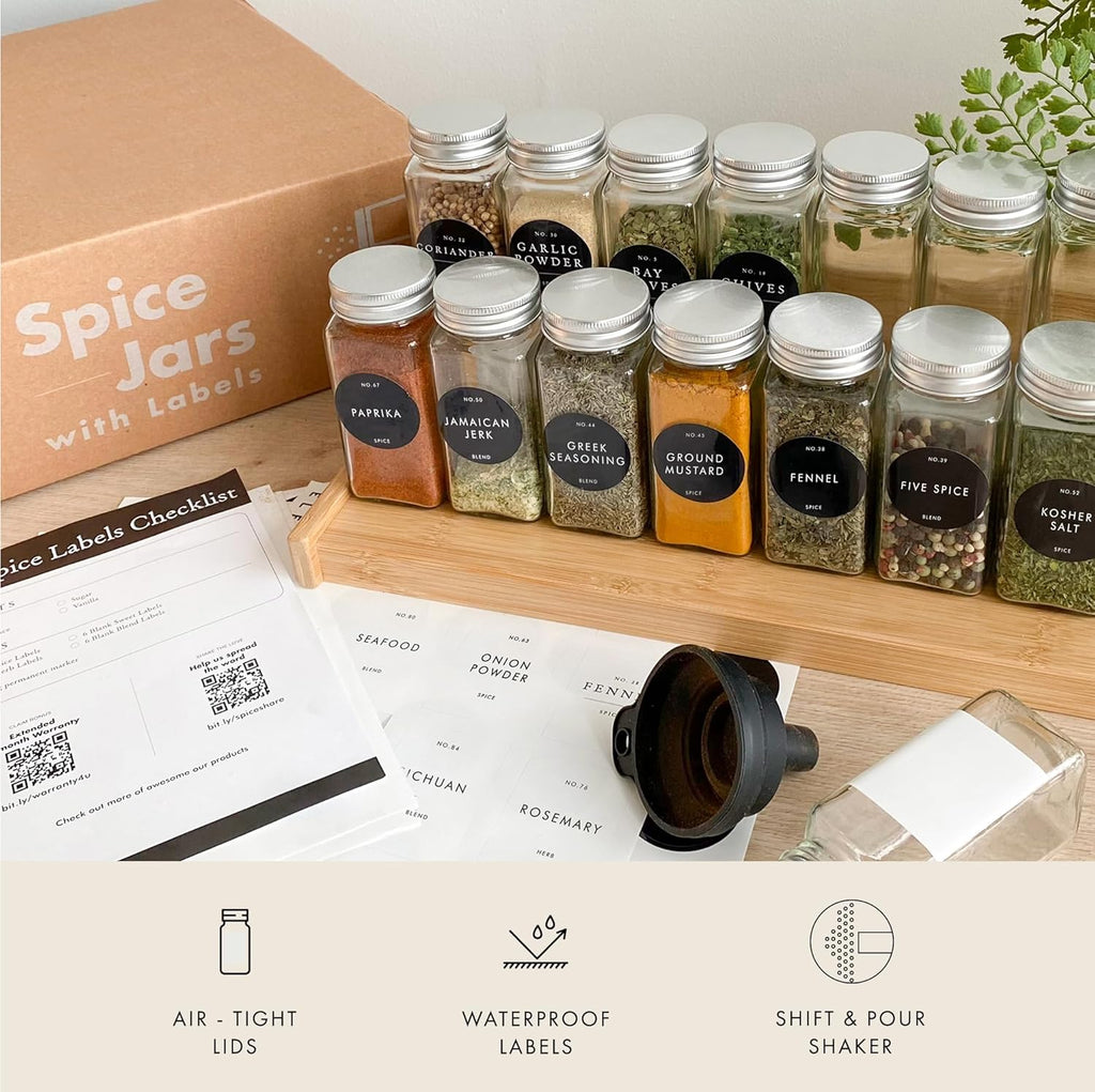 Glass Spice Jars with Labels with Metal Lids and Shakers Minimalist 36 Pack Set, 4oz Small Clear Empty Spice Bottles Seasoning Containers with Label Organizer Square Herb Seasoning Jars for Kitchen