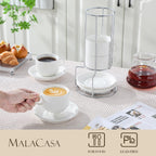 MALACASA 8 OZ Porcelain Espresso Cups with Saucers and Metal Stand Set of 4, Stackable Cappuccino Cups, White Expresso Shots Cup Set for Coffee Drinks, Latte, Tea