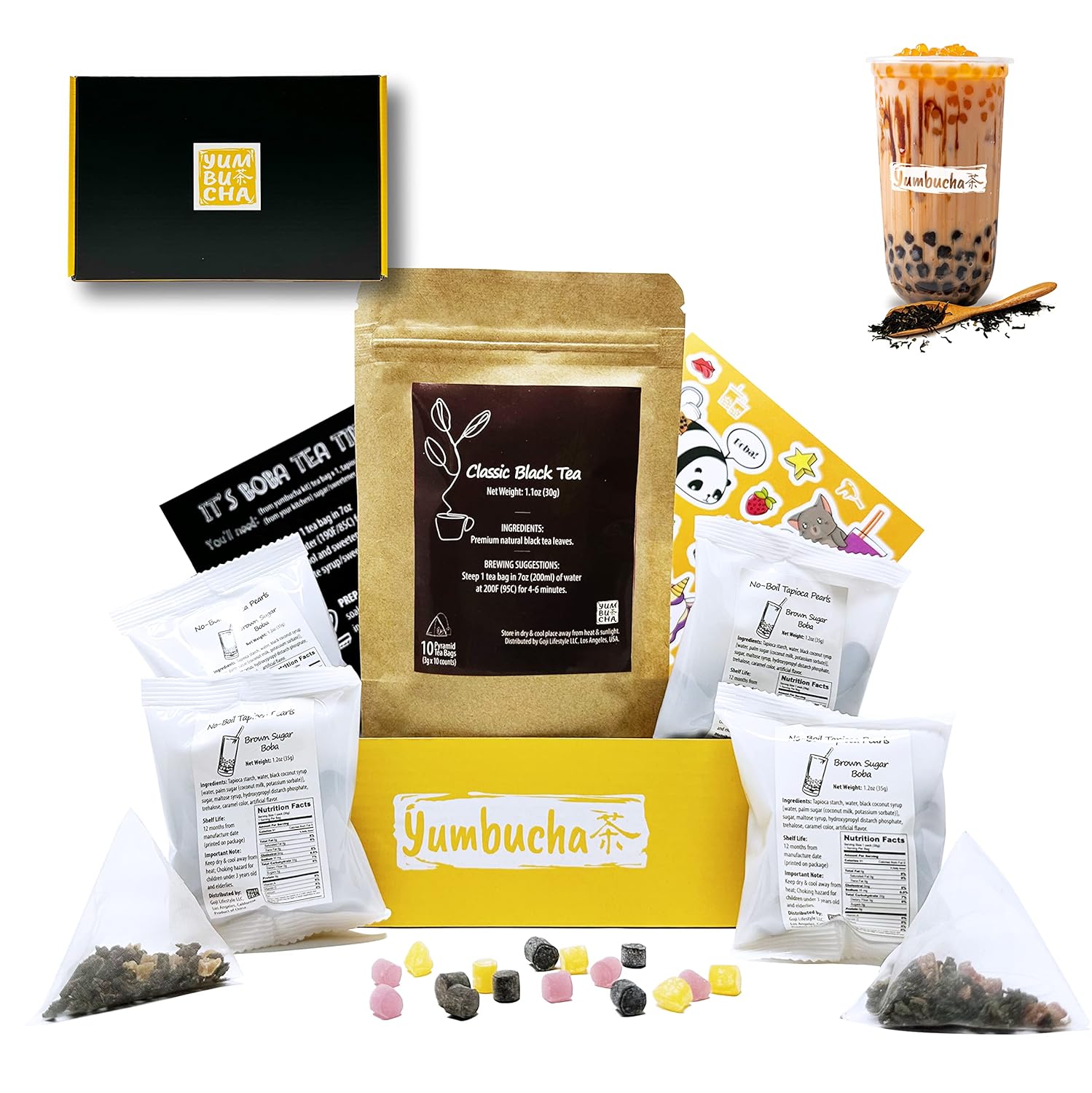 YUMBUCHA Boba Kit Set - DIY Boba Tea Making Kit with Classic Black Tea & Tapioca Pearls - Create 10 Delightful Drinks - Exquisite Loose Leaf Teabags Included - Boba Tea Gift Set for Tea Lovers