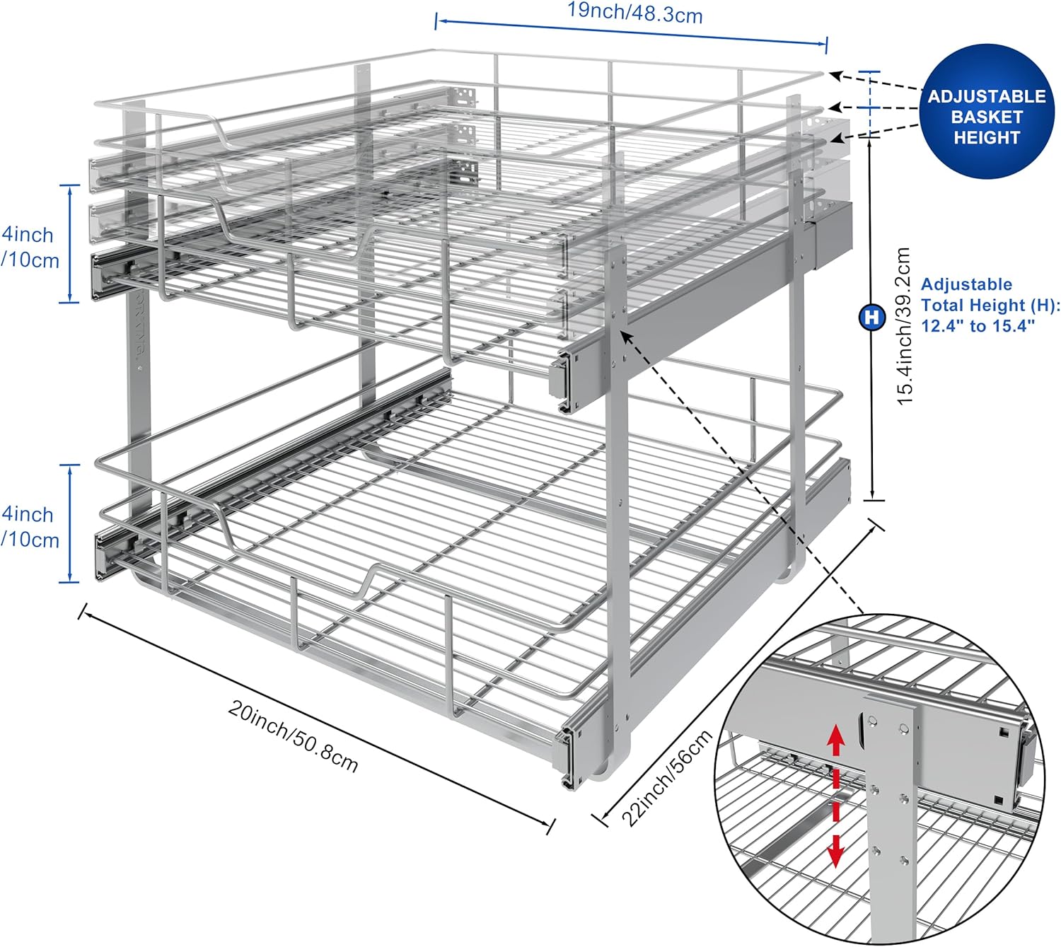 2 Tier Pull Out Cabinet Organizer 20" W X 22" D, Slide Out Drawers For Kitchen Cabinets, Pull Out Drawers For Cabinets Capacity Heavy Duty Caddy, Cabinet Pullout Shelves Chrome-Plated,Bathroom Pantry