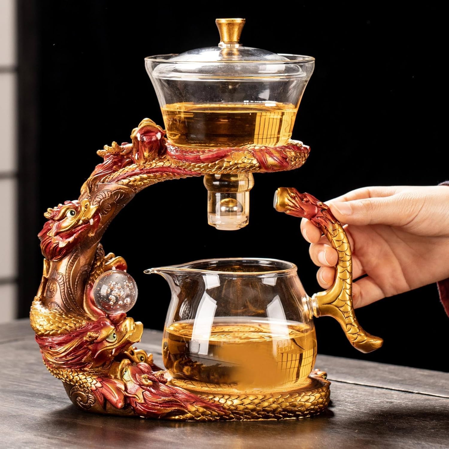 Glass Teapot Set with Infuser Semi Automatic Dragon Tea Set (Red golden teapot)