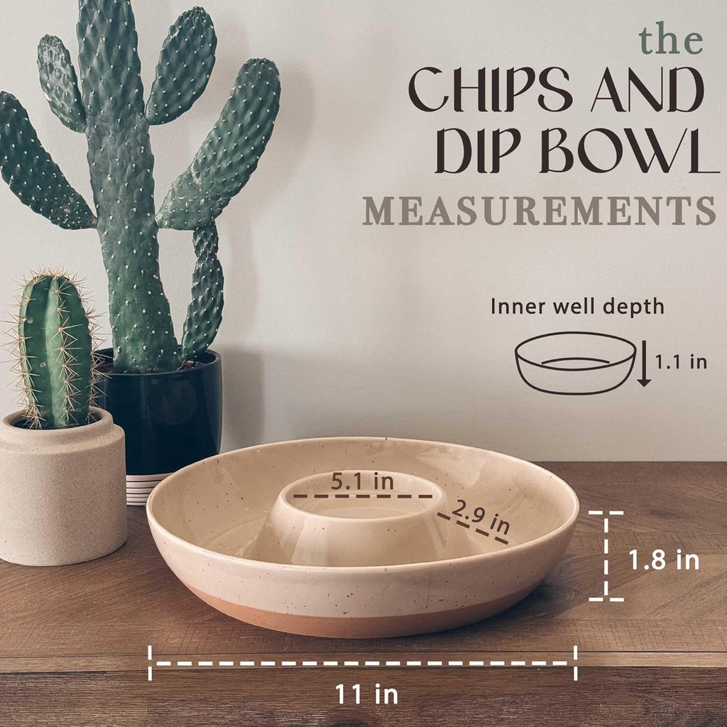 Mora Ceramic Chips and Dip Serving Tray: Large Divided Party Bowl Set for Chips & Salsa, Veggies & Dip, Fruit, Snacks, Entertaining, Hosting, etc. Minimalist Design for the Modern Hostess - Chai