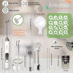 Milk Frother Handheld Rechargeable 3-Speed Electric Frother Wand Whisk Foam Maker Drink Mixer with Stand, 2 Whisks, Spice Shaker, Art Stencils, Art Pen for Coffee Latte, Cappuccino, White